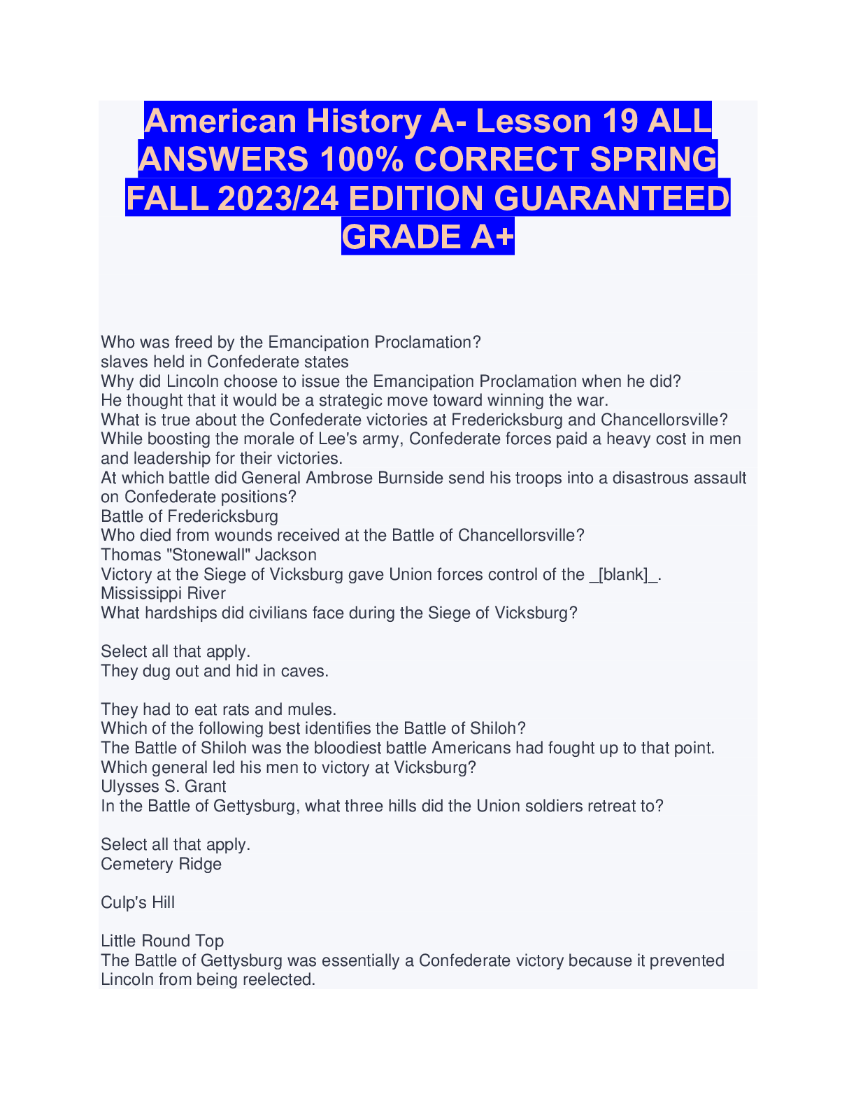 Preview image for American History A- Lesson 19 ALL ANSWERS 100% CORRECT SPRING FALL 2023/24 EDITION GUARANTEED GRADE A+